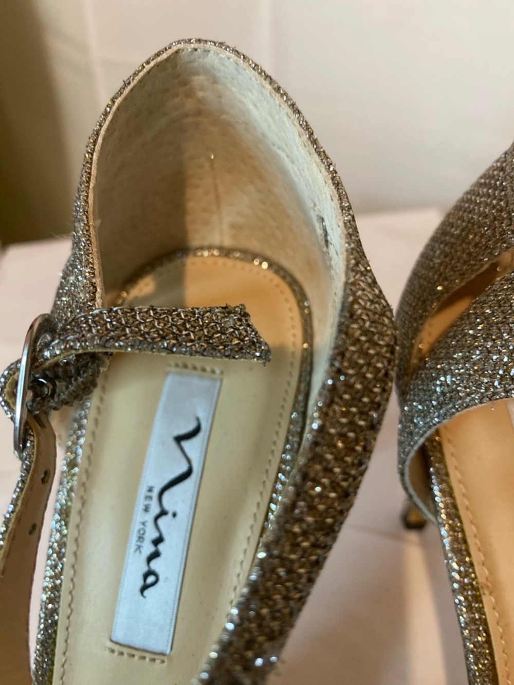 Nina Glitter T-Strap Peep-Toe Heels in Silver - Picture 11 of 16